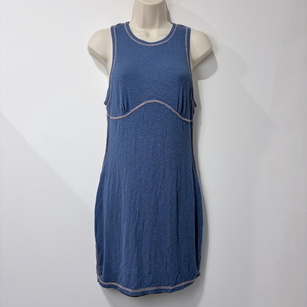 White Fox Ribbed Knit Tank Fitted Mini Dress in Sage Sz L Blue Contrast Stitch